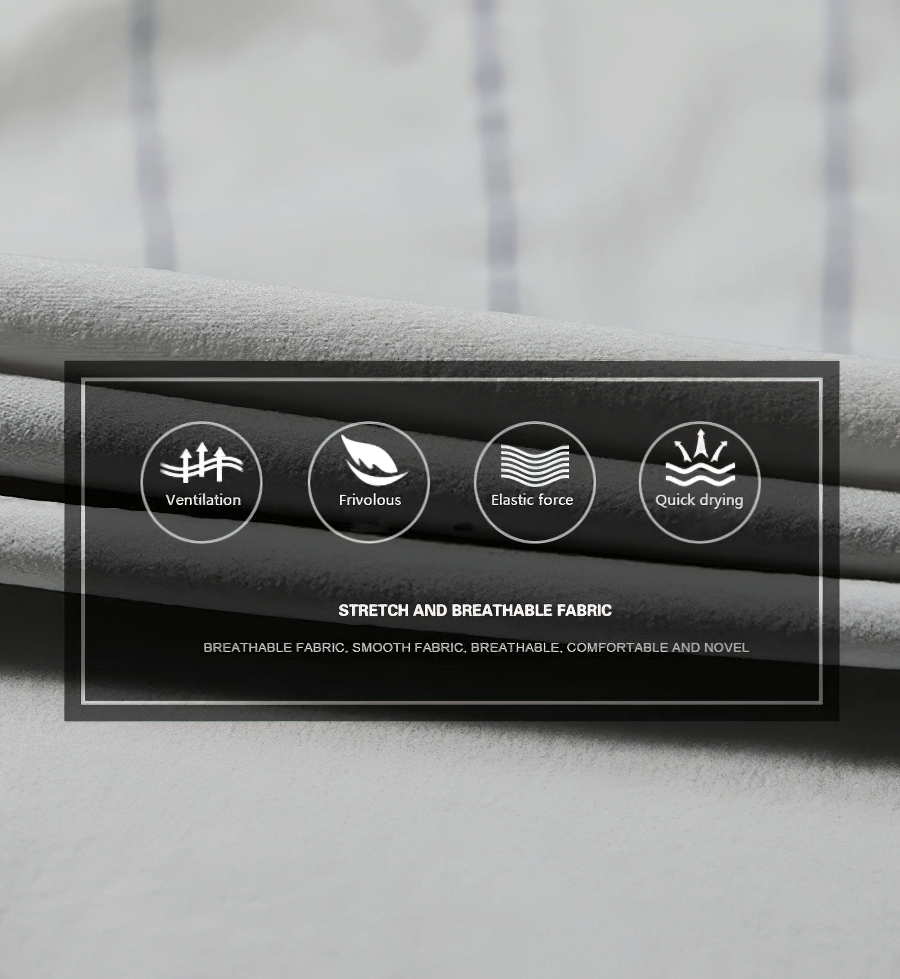 Close-up of breathable and quick-drying fabric with icons for ventilation, elasticity, and lightweight features.